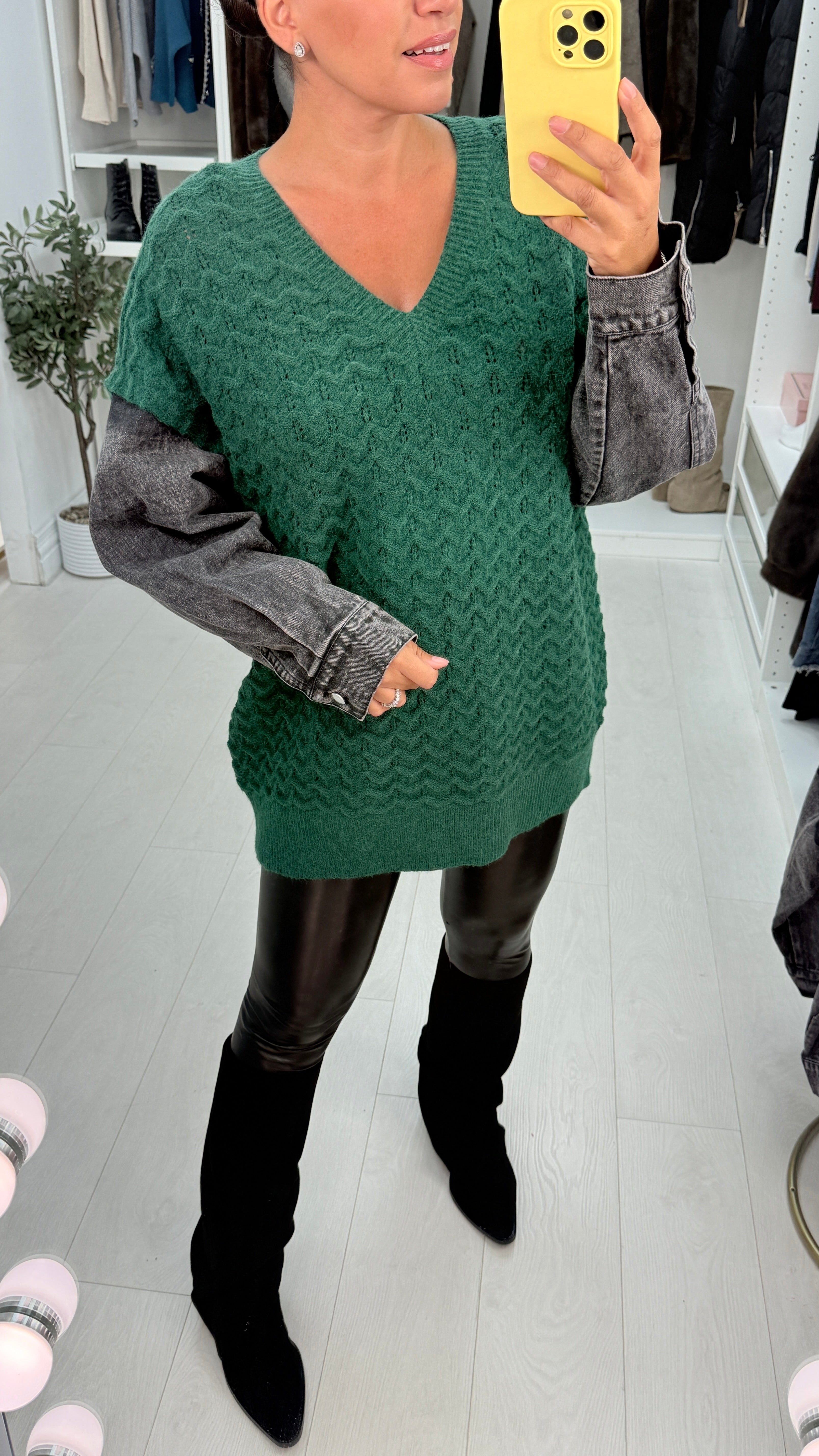 Meko Textured V Neck Denim Sleeve Jumper