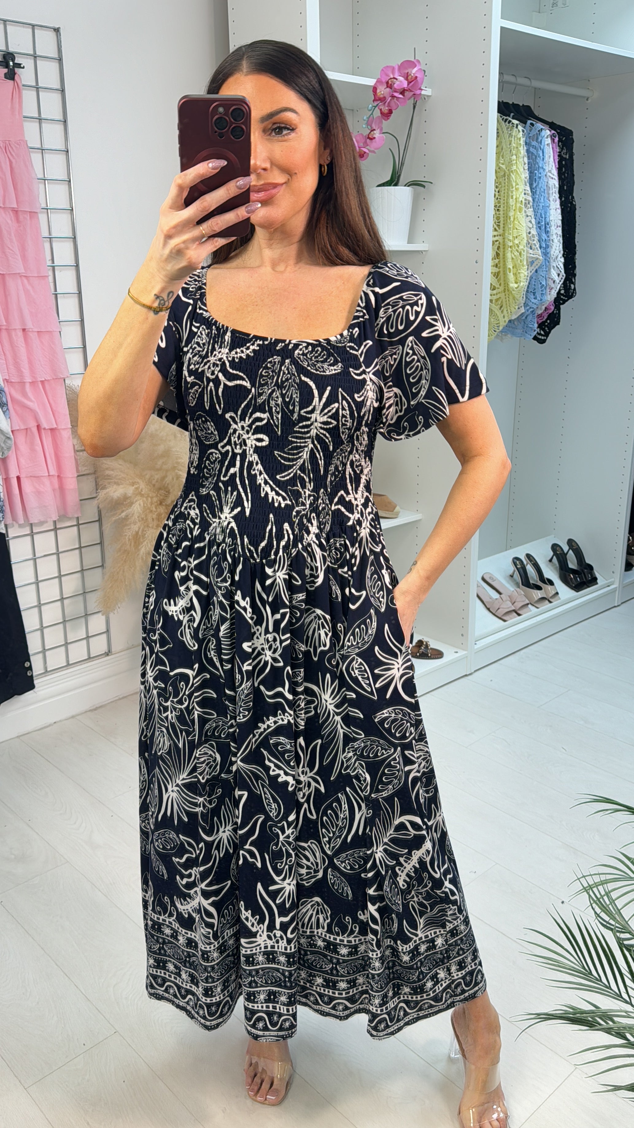 Tabatha Leaf Print Shirred Bust Magic Maxi Dress