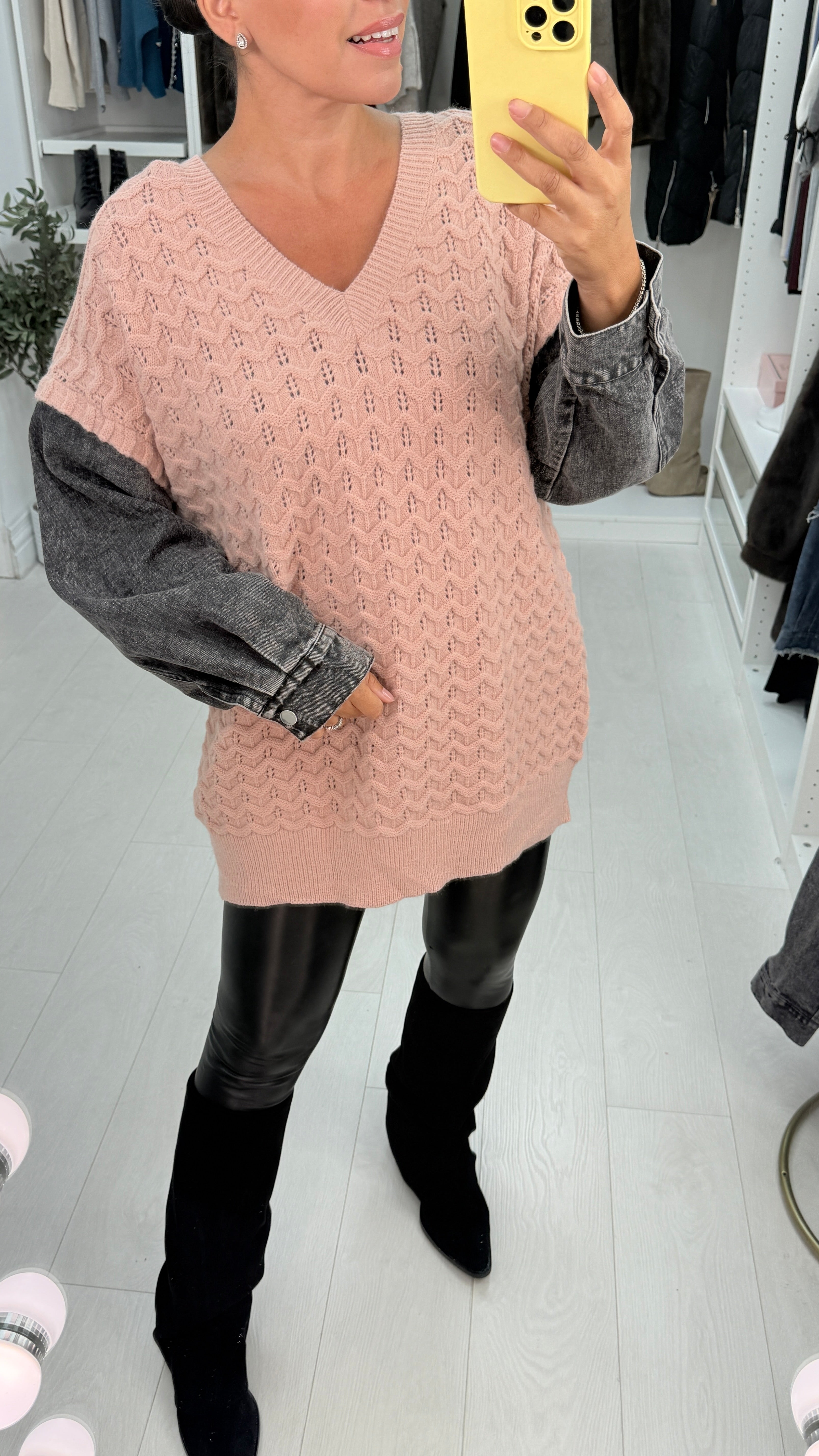 Meko Textured V Neck Denim Sleeve Jumper