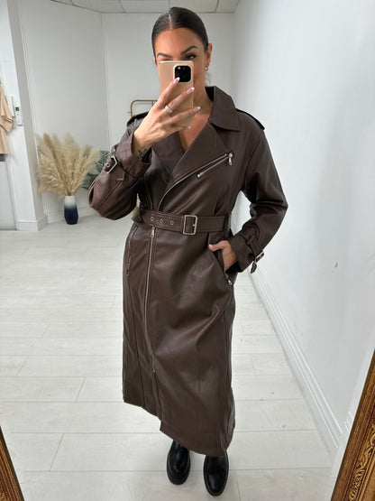 Thandie Faux Leather Belted Longline Jacket