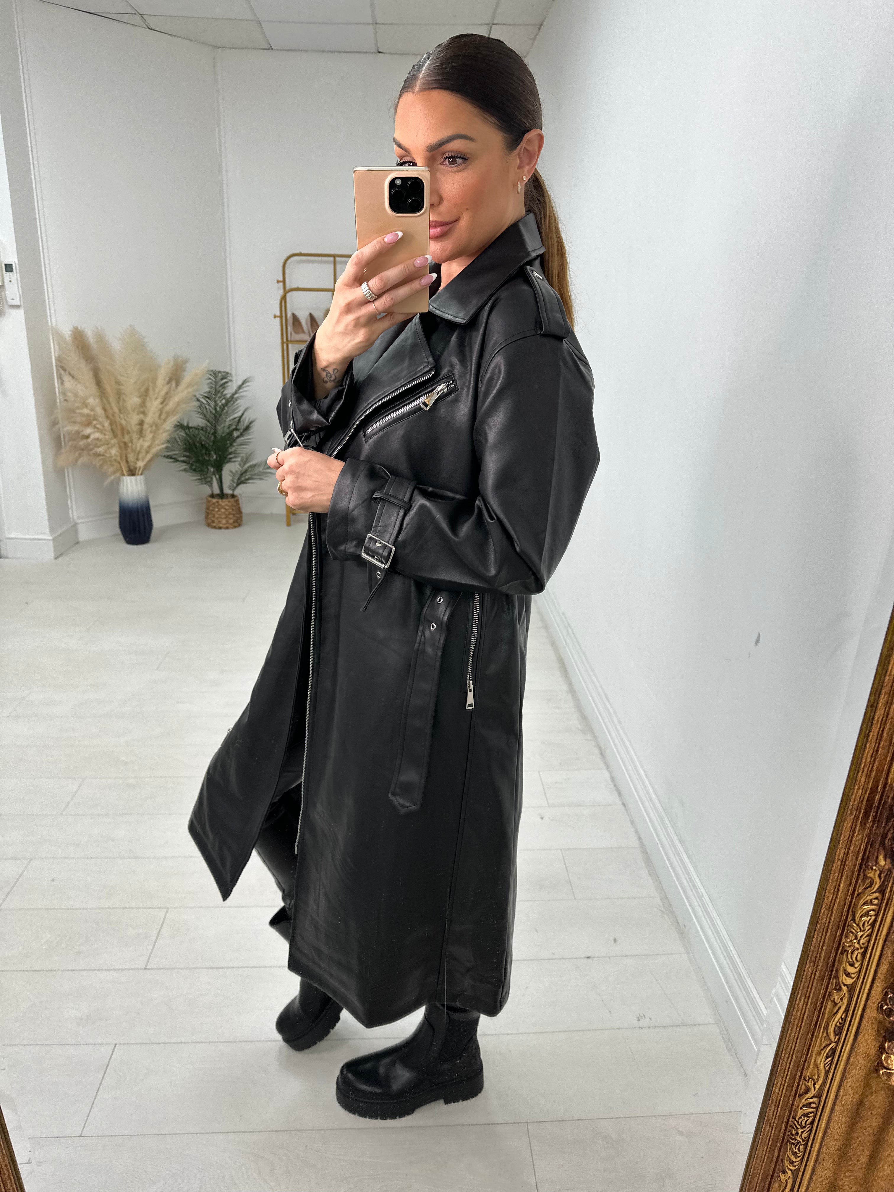 Thandie Faux Leather Belted Longline Jacket