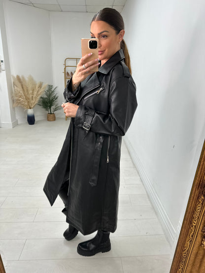 Thandie Faux Leather Belted Longline Jacket