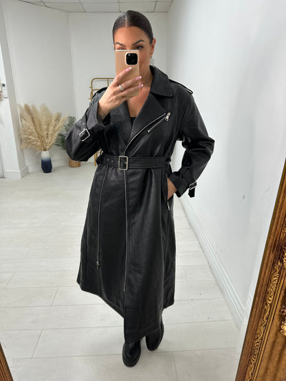 Thandie Faux Leather Belted Longline Jacket