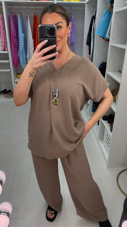 Latisha Plain V Neck Loose Fit Crepe Co-Ord Set