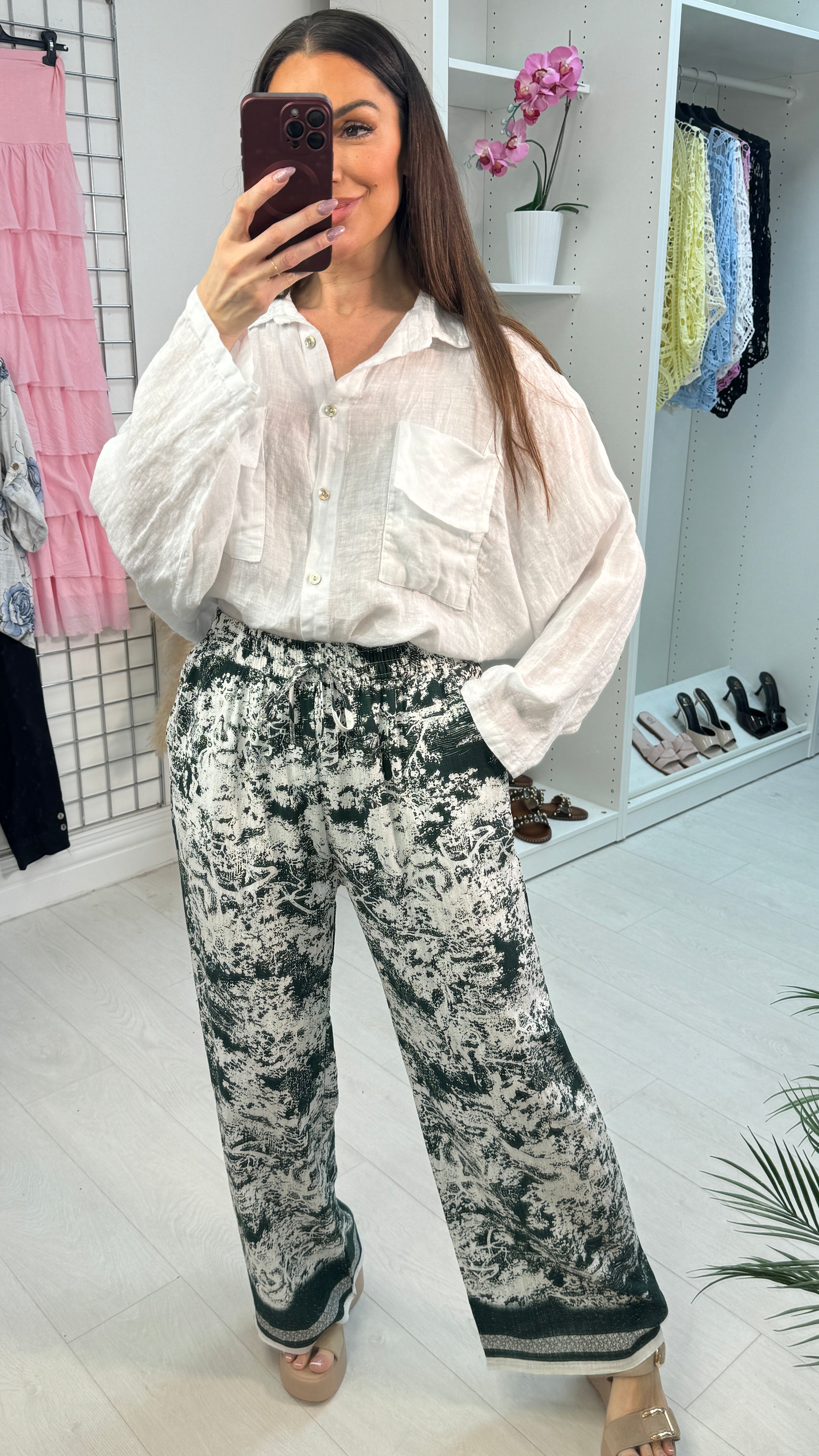 Estine Tree Print Elasticated Waist Wide Leg Trousers