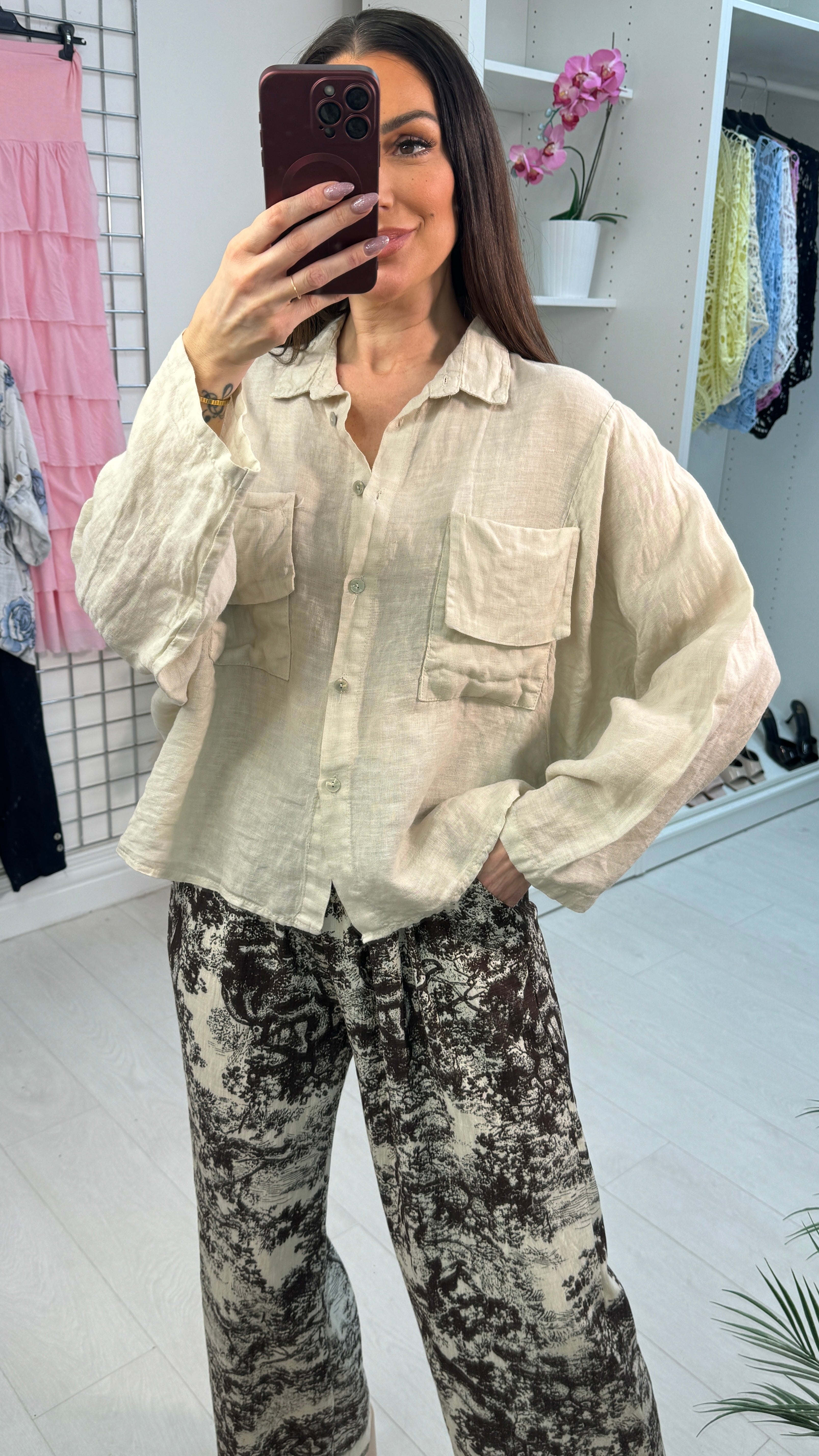 Soraya Front Pocket Detail Batwing Linen Shirt