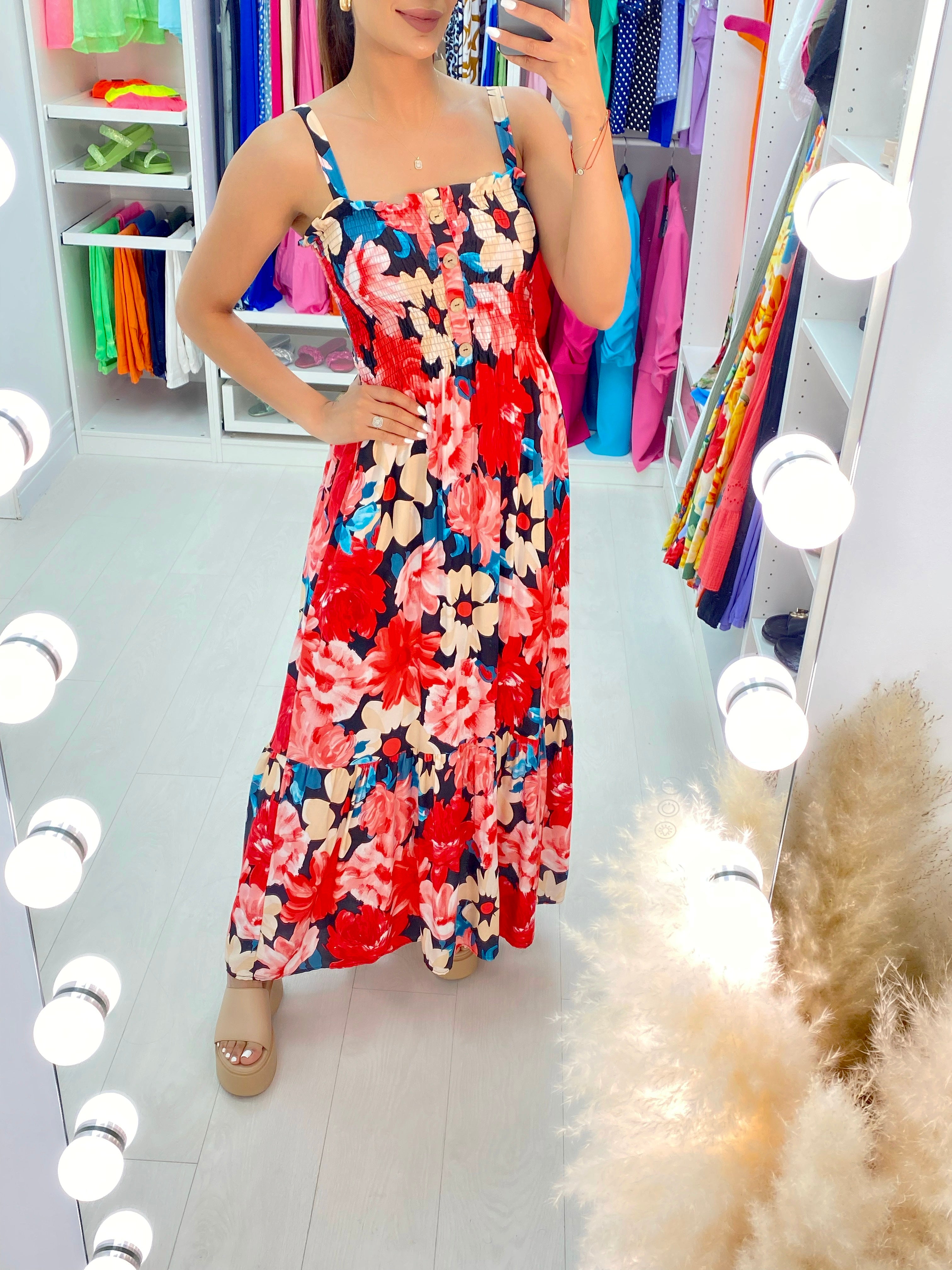 Dicle Elasticated Bust Button Detail Floral Print Dress