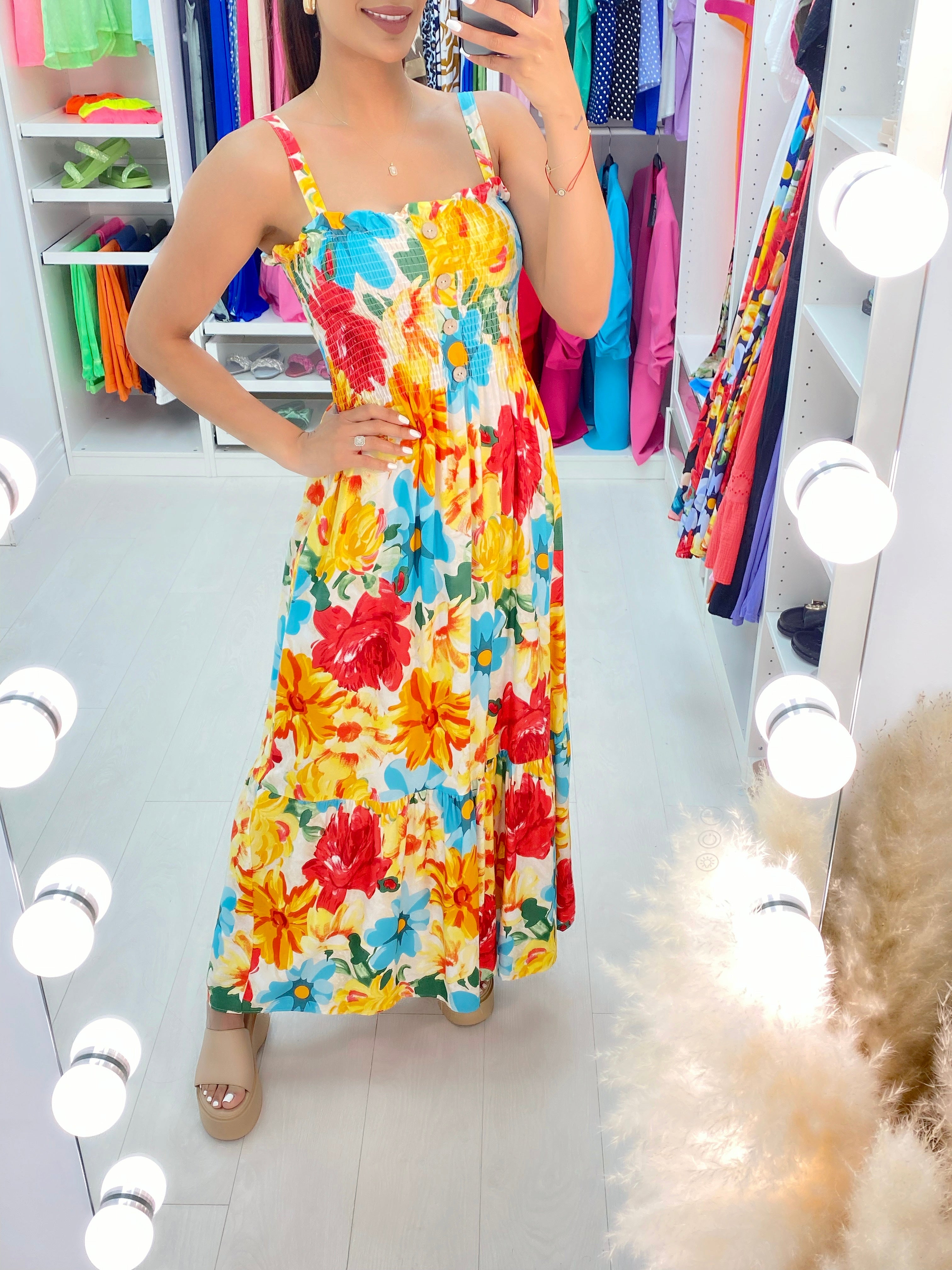 Dicle Elasticated Bust Button Detail Floral Print Dress