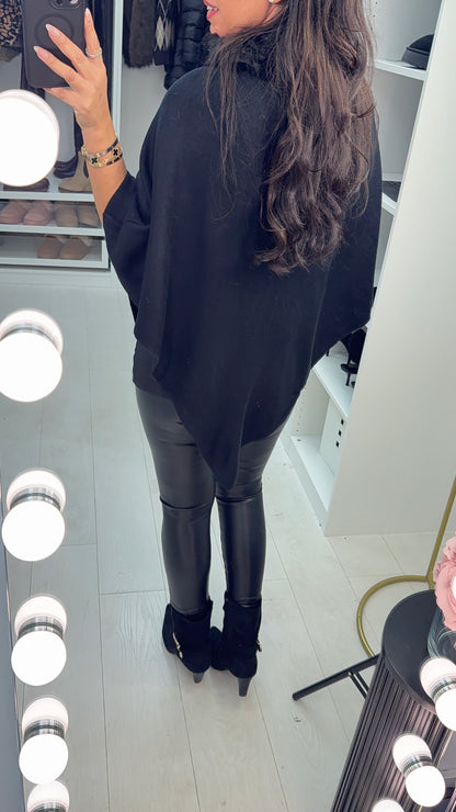 Nataley Plain Faux Fur Neck Knitted Poncho