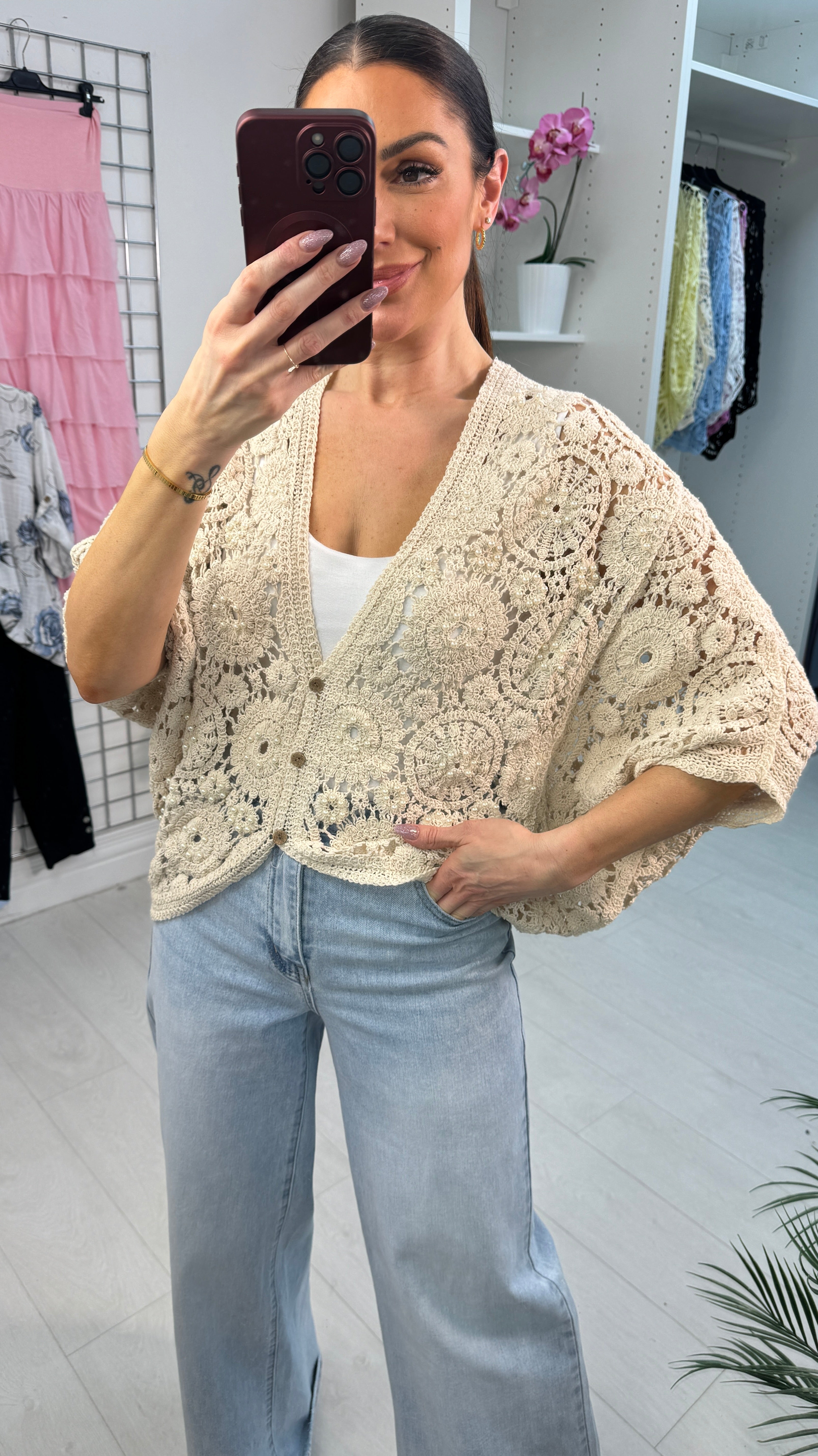 Odete Crochet Pearl Detail Batwing Sleeve Cardigan