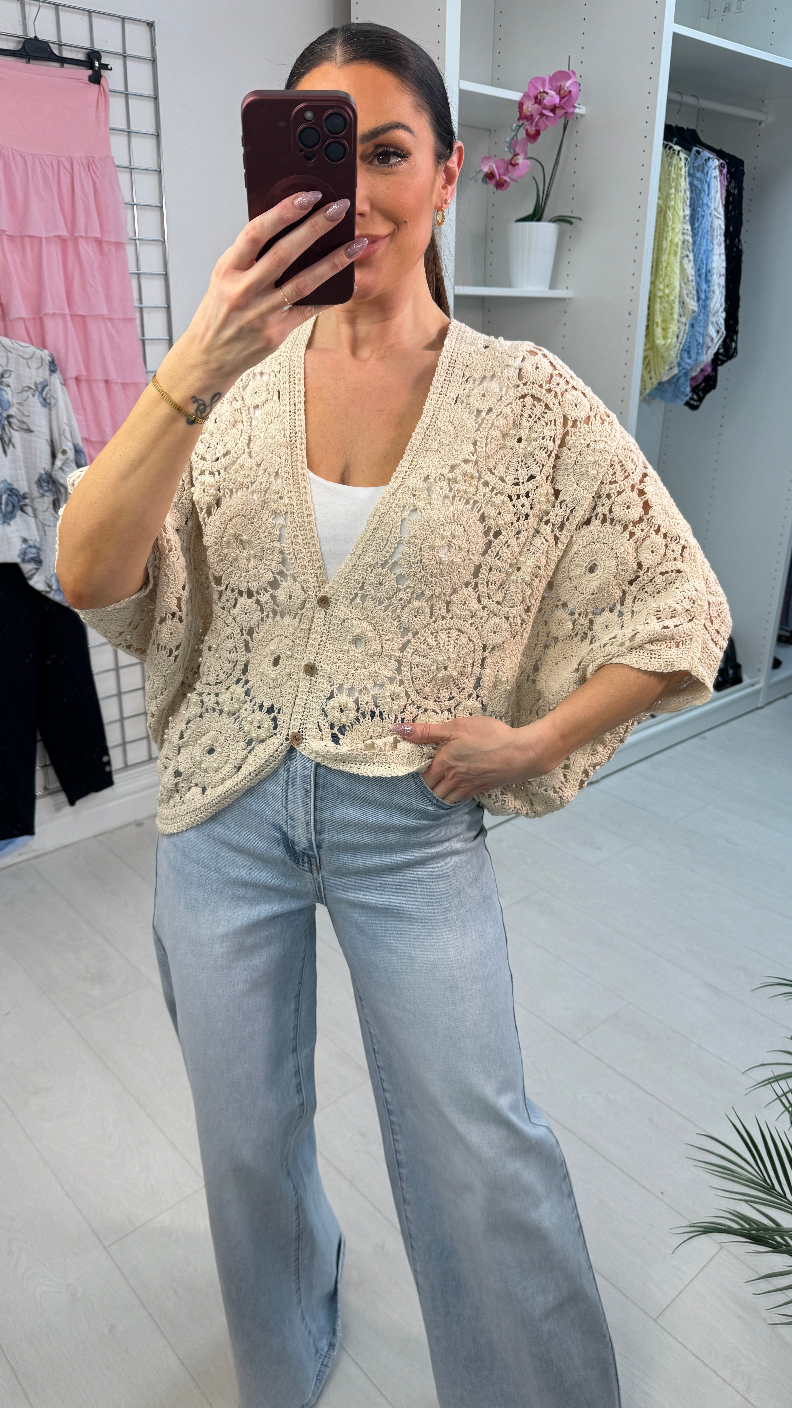 Odete Crochet Pearl Detail Batwing Sleeve Cardigan