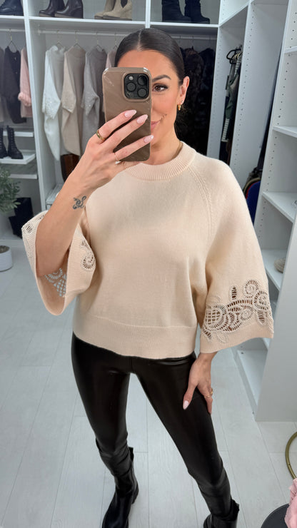 Oritsa Plain Crochet Detailed Sleeve Jumper