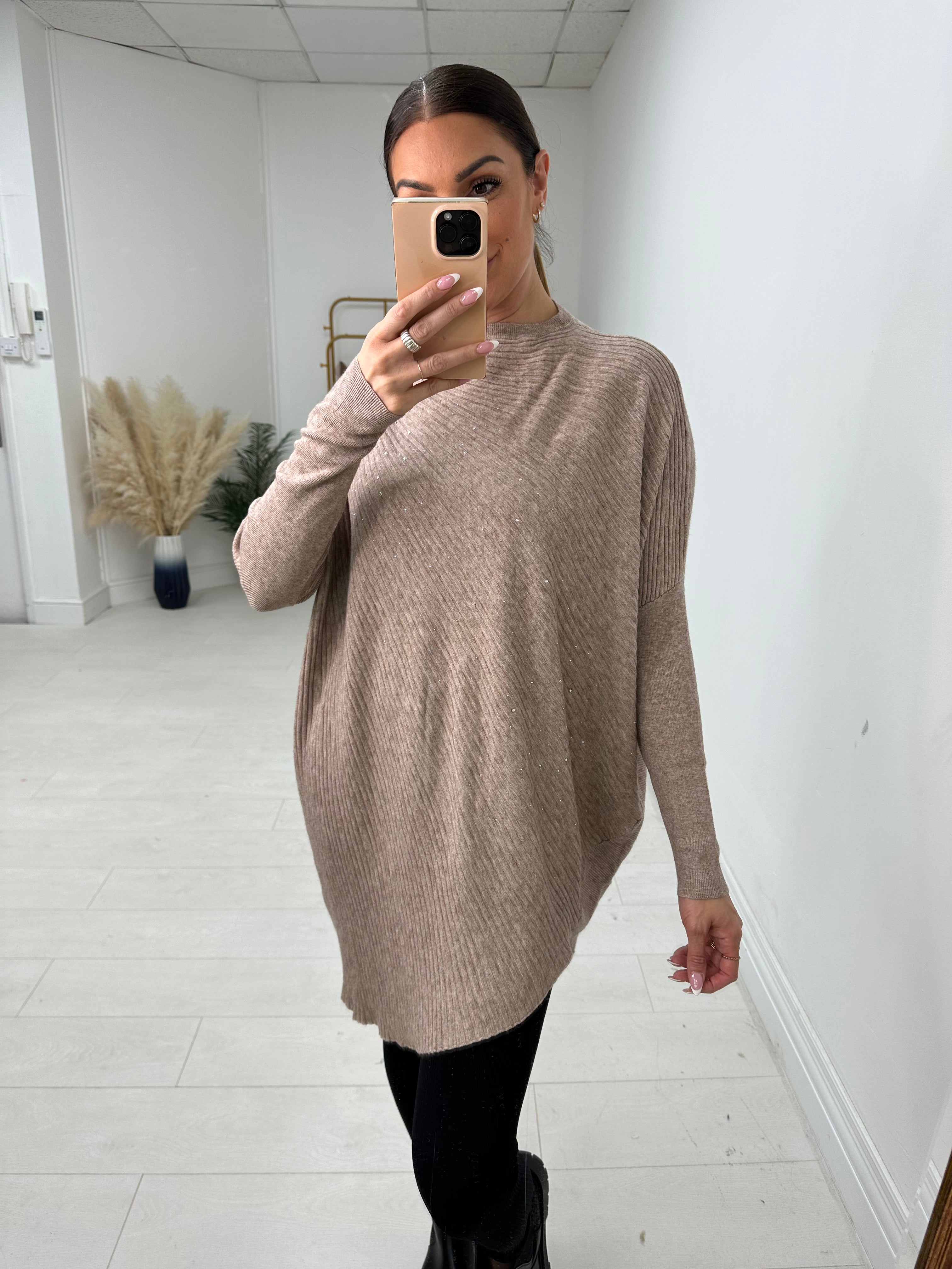 Zoelle Ribbed Asymmetric Hem Diamante Detail Jumper