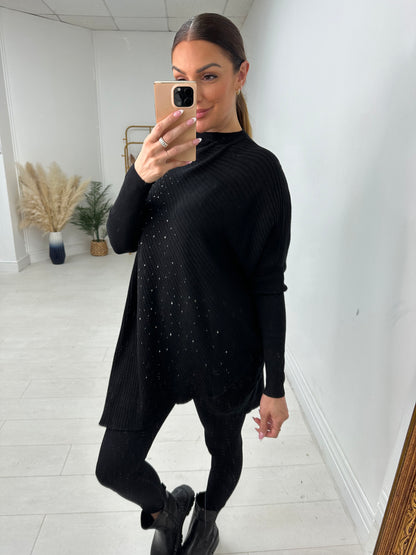 Zoelle Ribbed Asymmetric Hem Diamante Detail Jumper