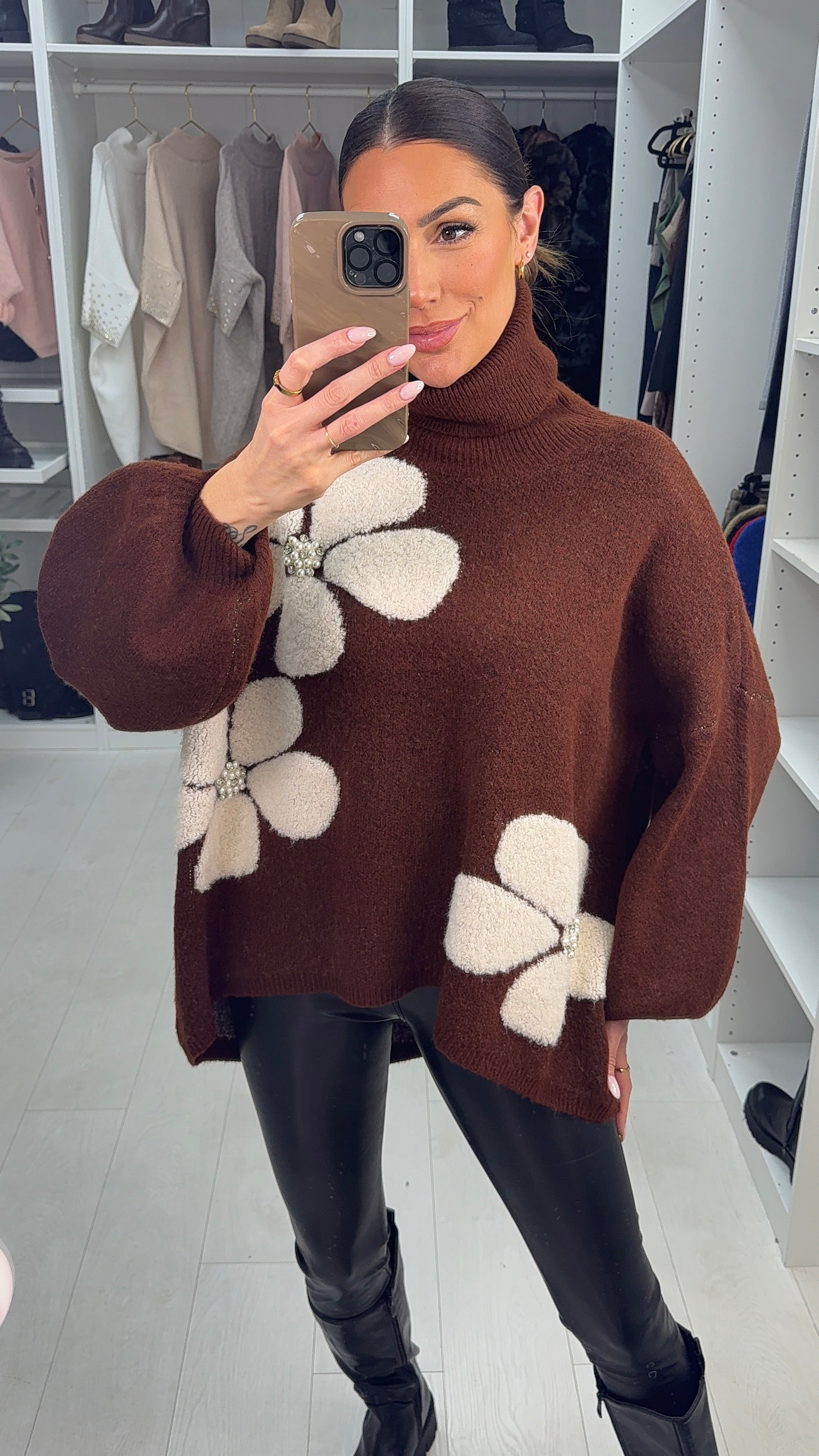 Clare Embellished Floral Detail Oversized Roll Neck Jumper