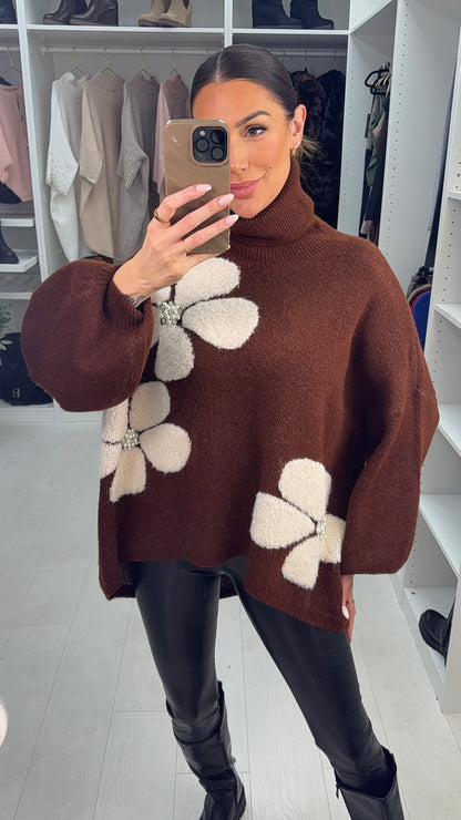 Clare Embellished Floral Detail Oversized Roll Neck Jumper