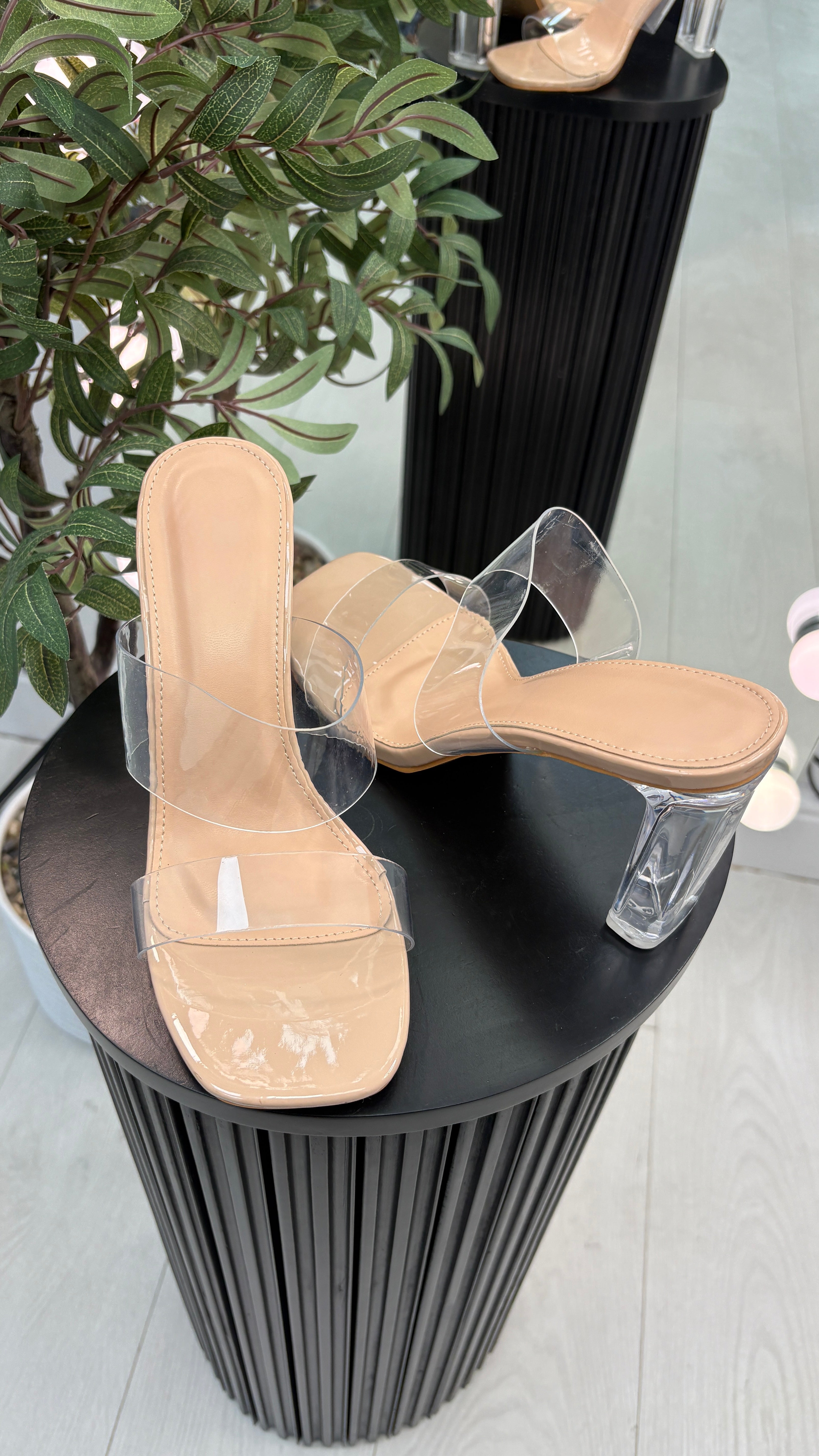 Rayah Nude Transparent Strap Block Heel Shoes