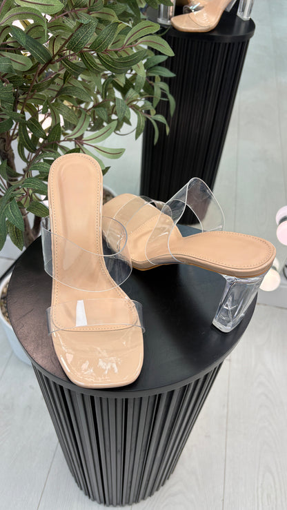 Rayah Nude Transparent Strap Block Heel Shoes