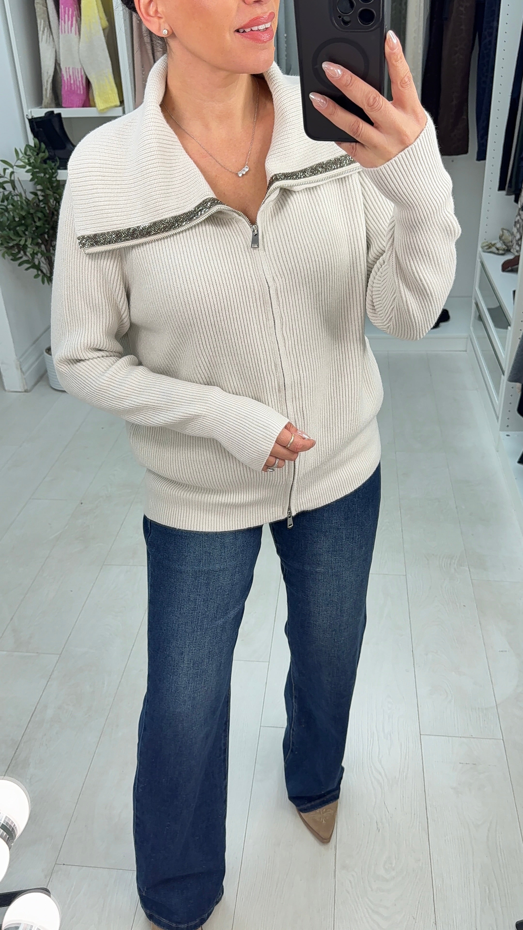 Dylan Embellished Collar Detail Zip Cardigan