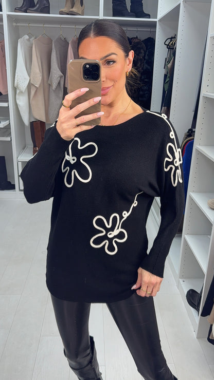 Rayla Embroidered Flower Ribbed Knit Jumper