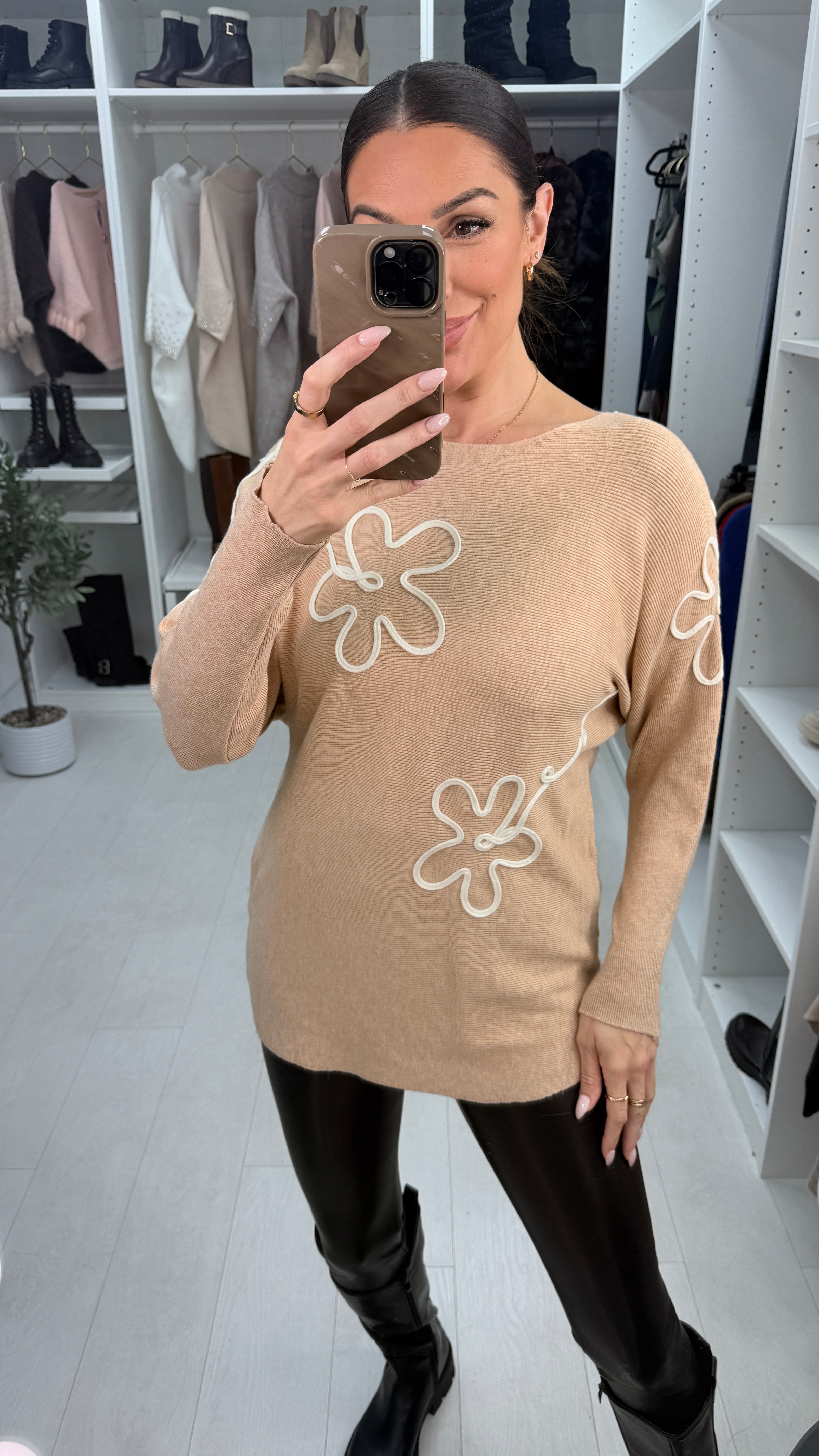 Rayla Embroidered Flower Ribbed Knit Jumper