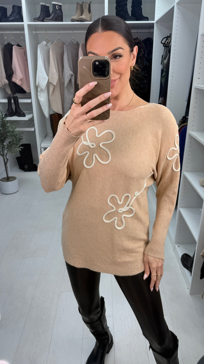 Rayla Embroidered Flower Ribbed Knit Jumper
