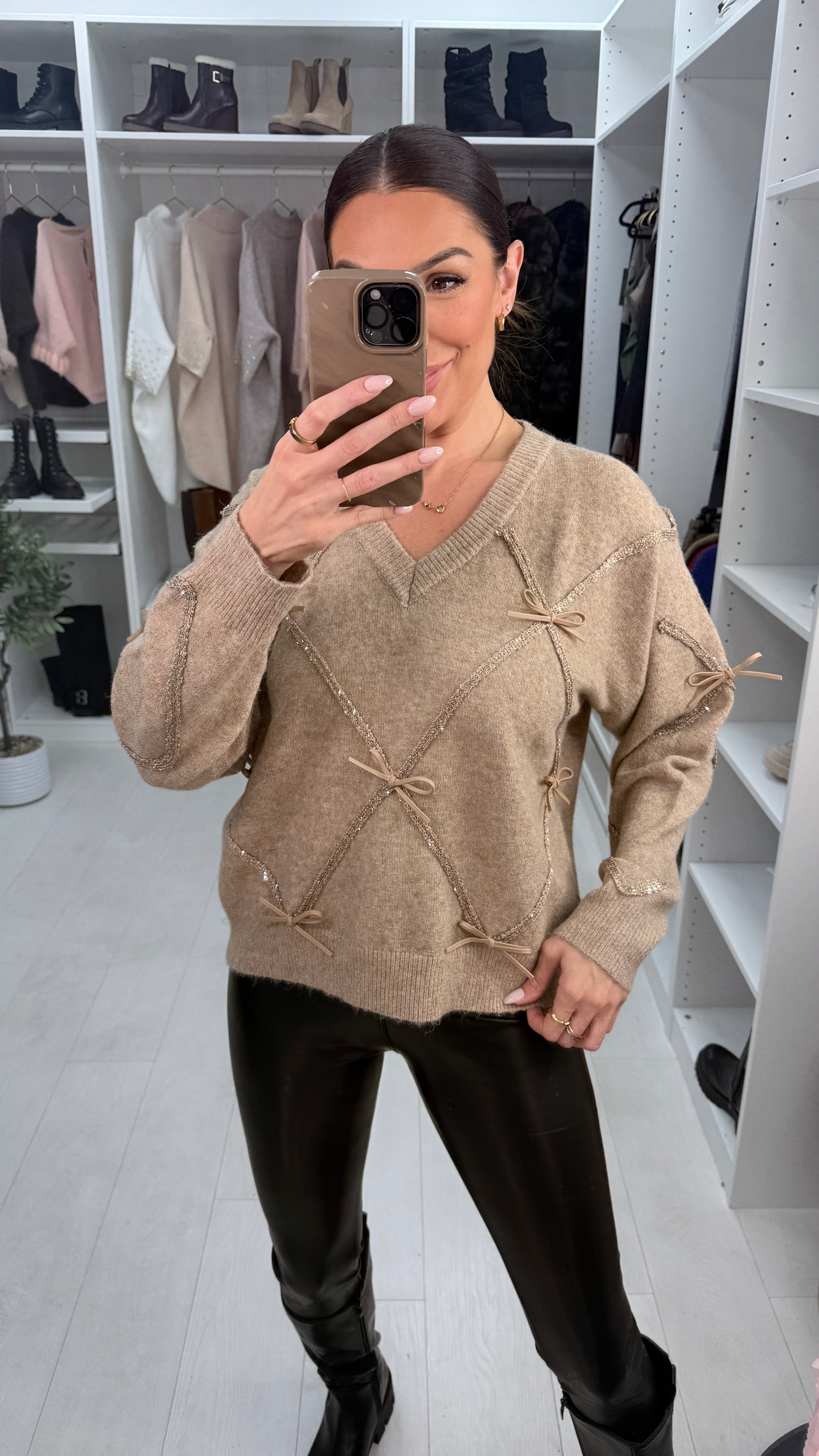 Norie Bow Embellished V Neck Jumper