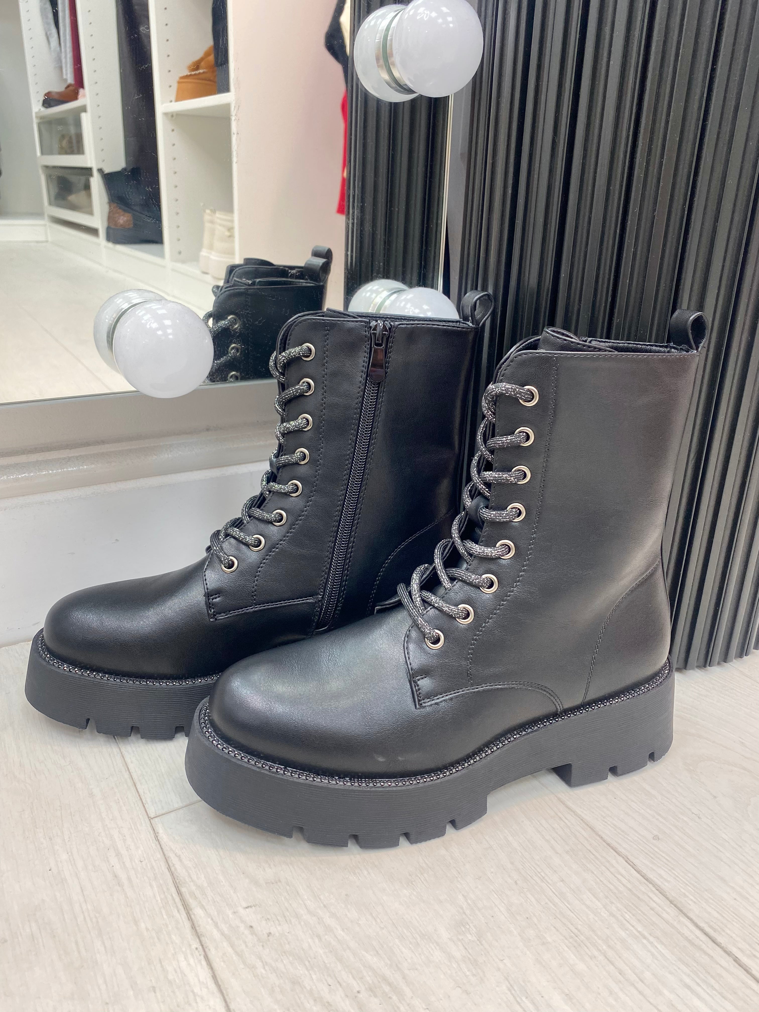 Crimson Diamante Detail Faux Leather Lace Up Biker Boots