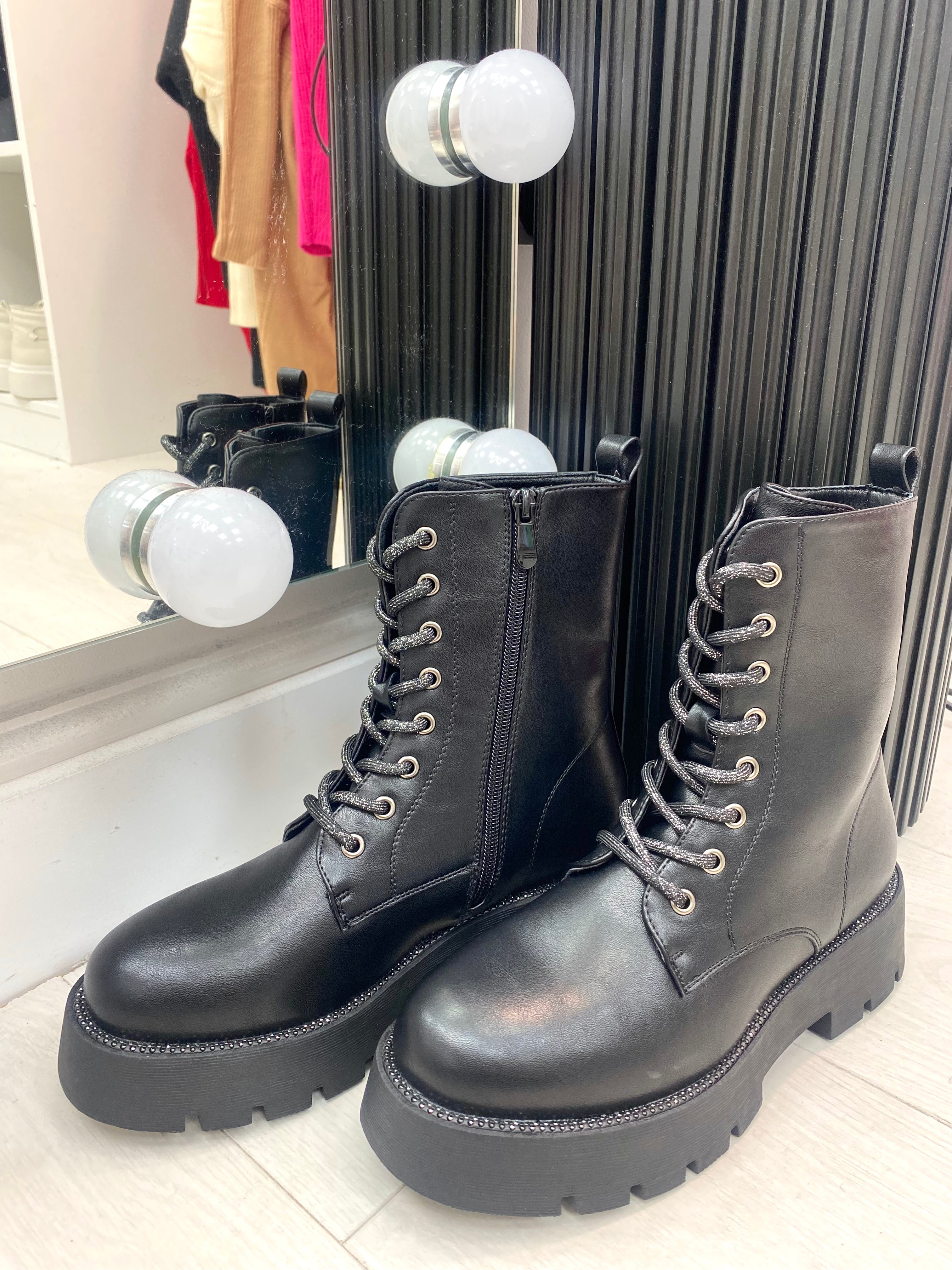 Crimson Diamante Detail Faux Leather Lace Up Biker Boots