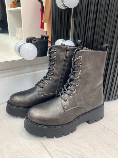 Crimson Diamante Detail Faux Leather Lace Up Biker Boots