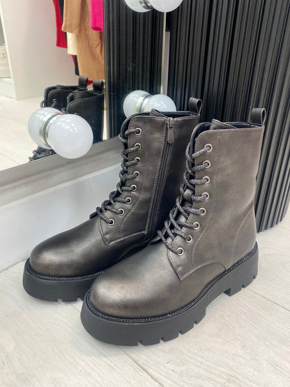 Crimson Diamante Detail Faux Leather Lace Up Biker Boots