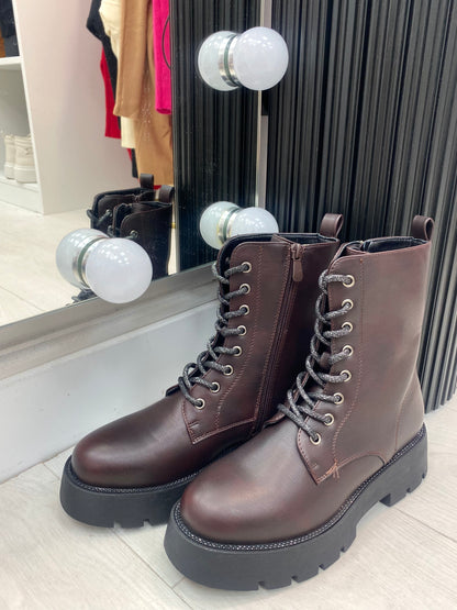 Crimson Diamante Detail Faux Leather Lace Up Biker Boots