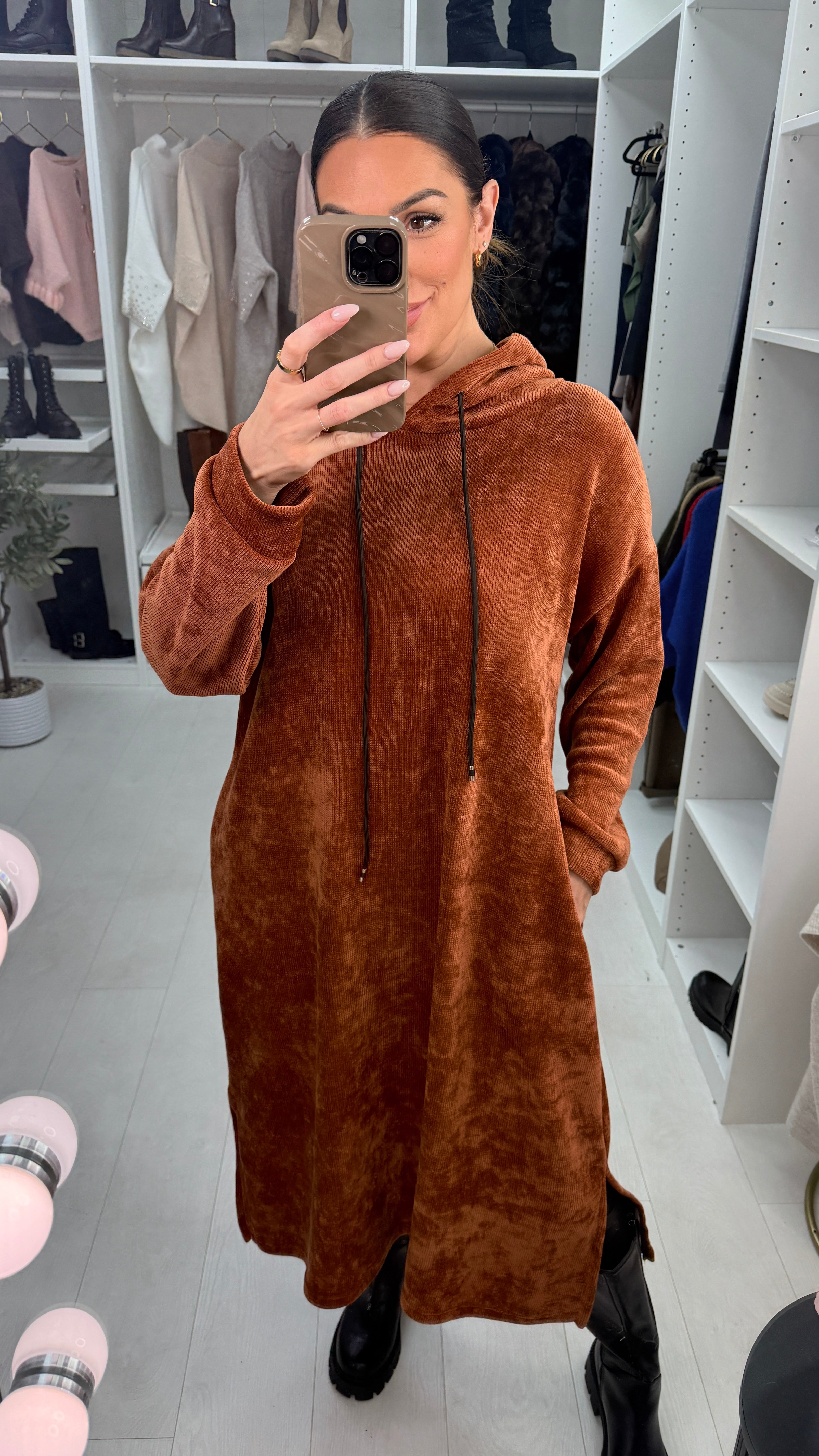 Audrie Plain Corduroy Hooded Dress