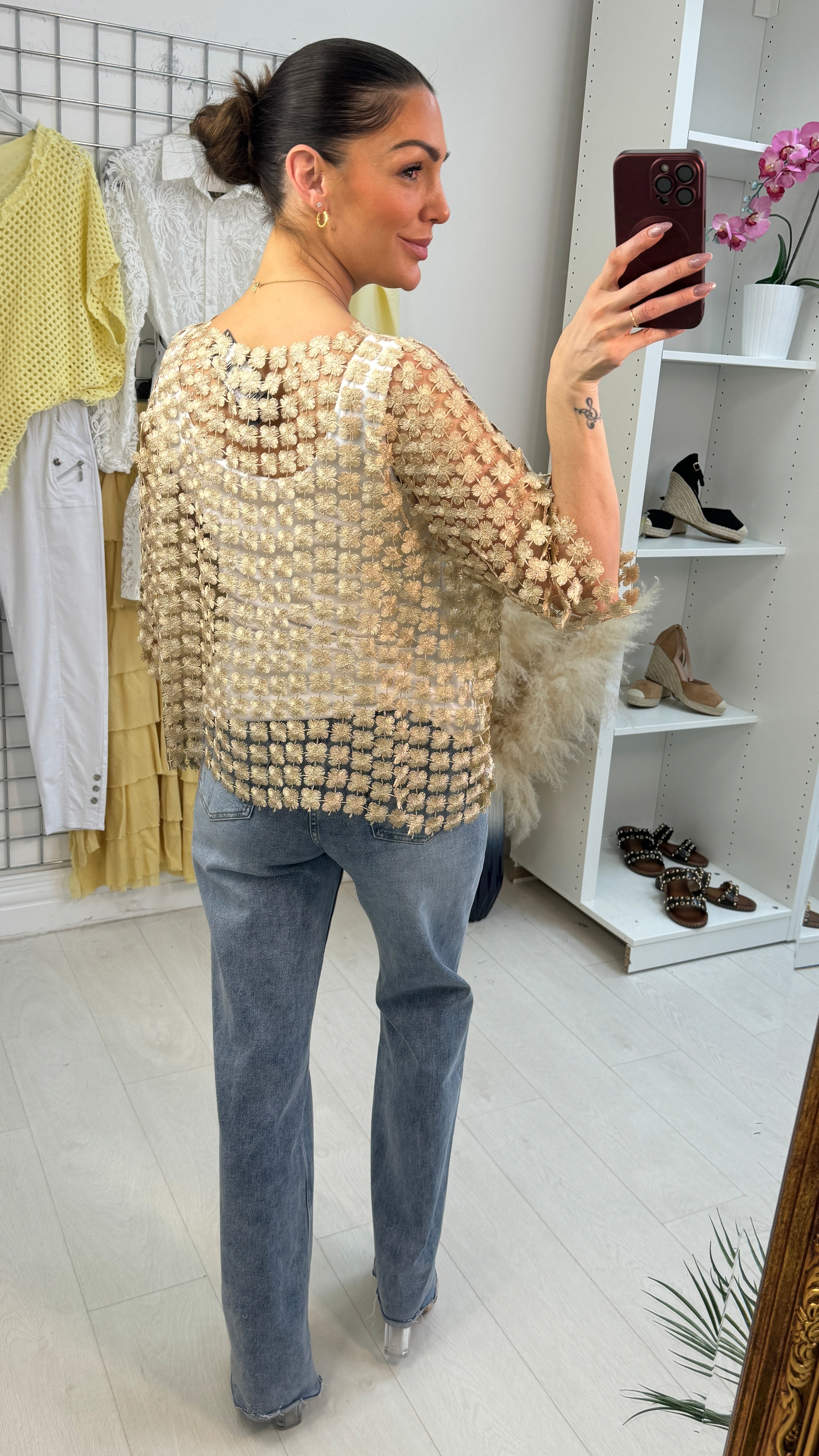 Linzie Floral Applique Crochet Open Front Top