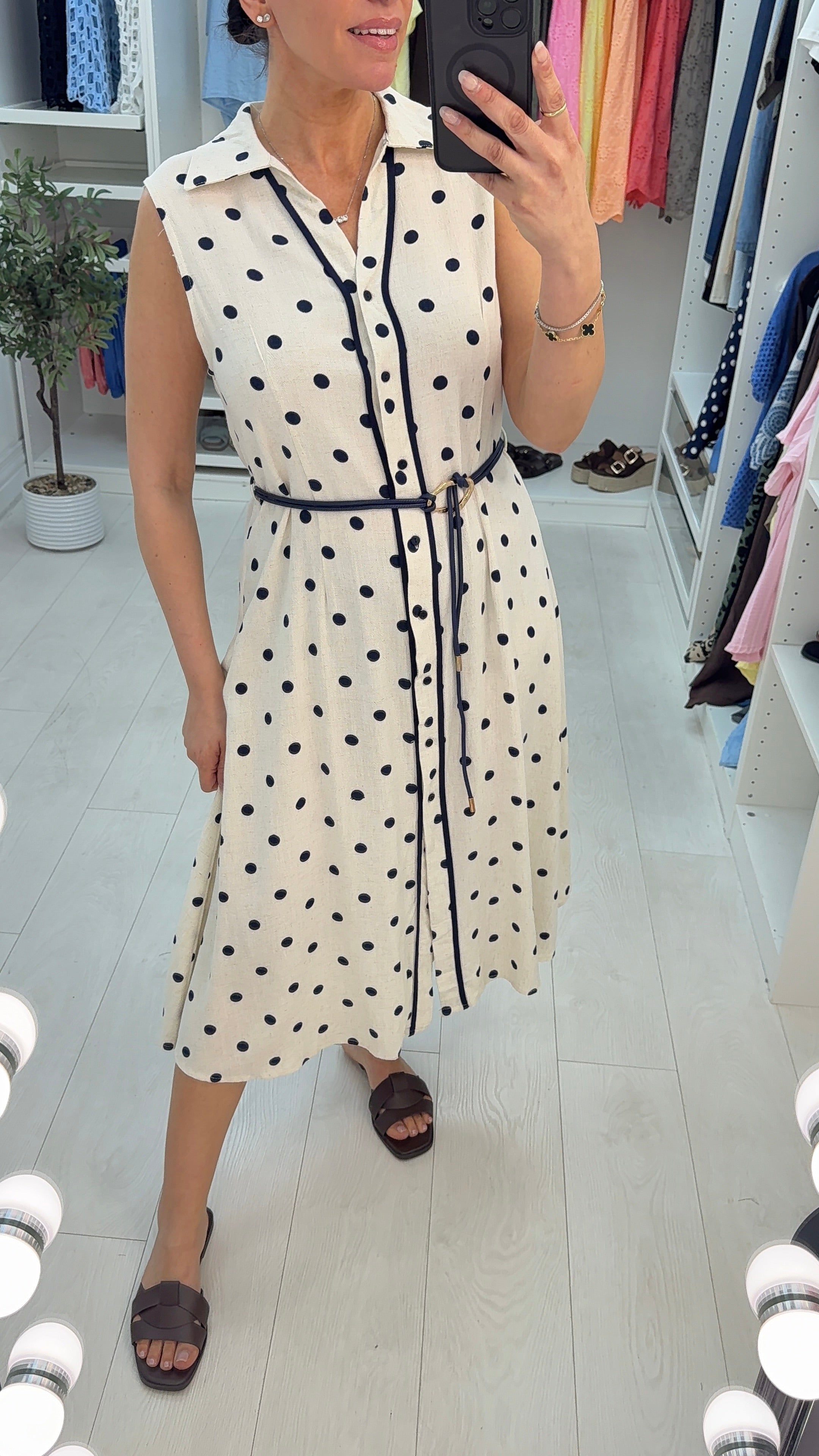 Dina Polka Dot Belted Maxi Shirt Dress