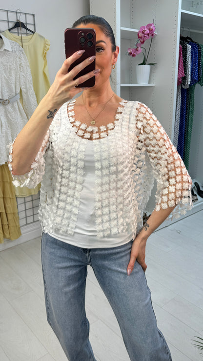 Linzie Floral Applique Crochet Open Front Top