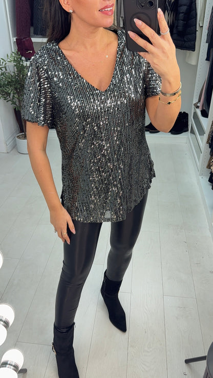 Nilah Sequin Embellished V Neck Top