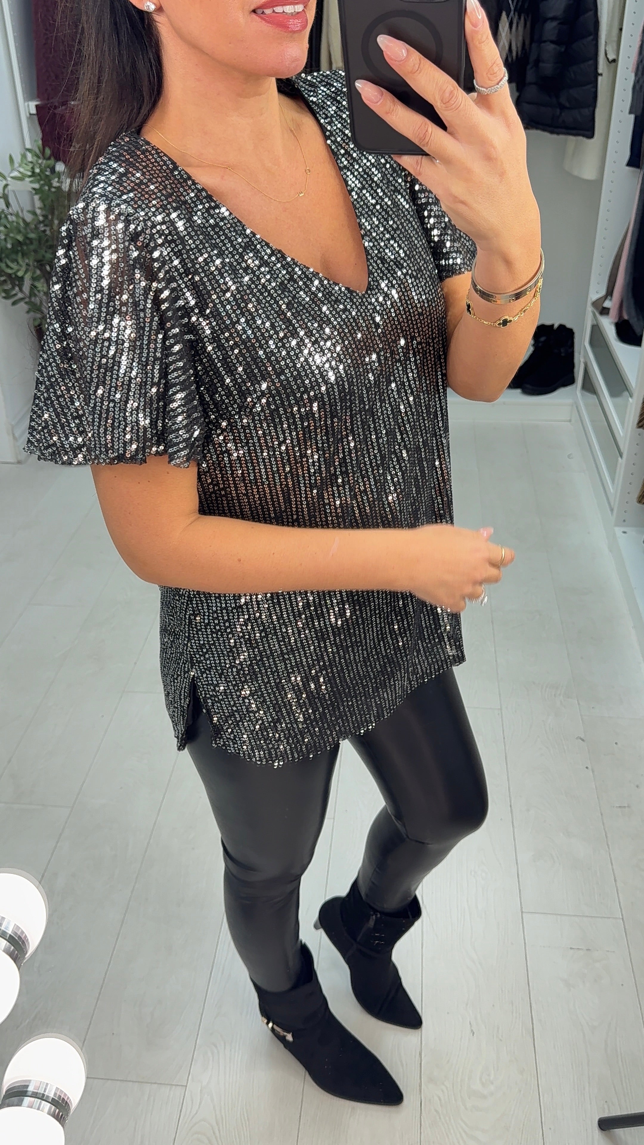 Nilah Sequin Embellished V Neck Top