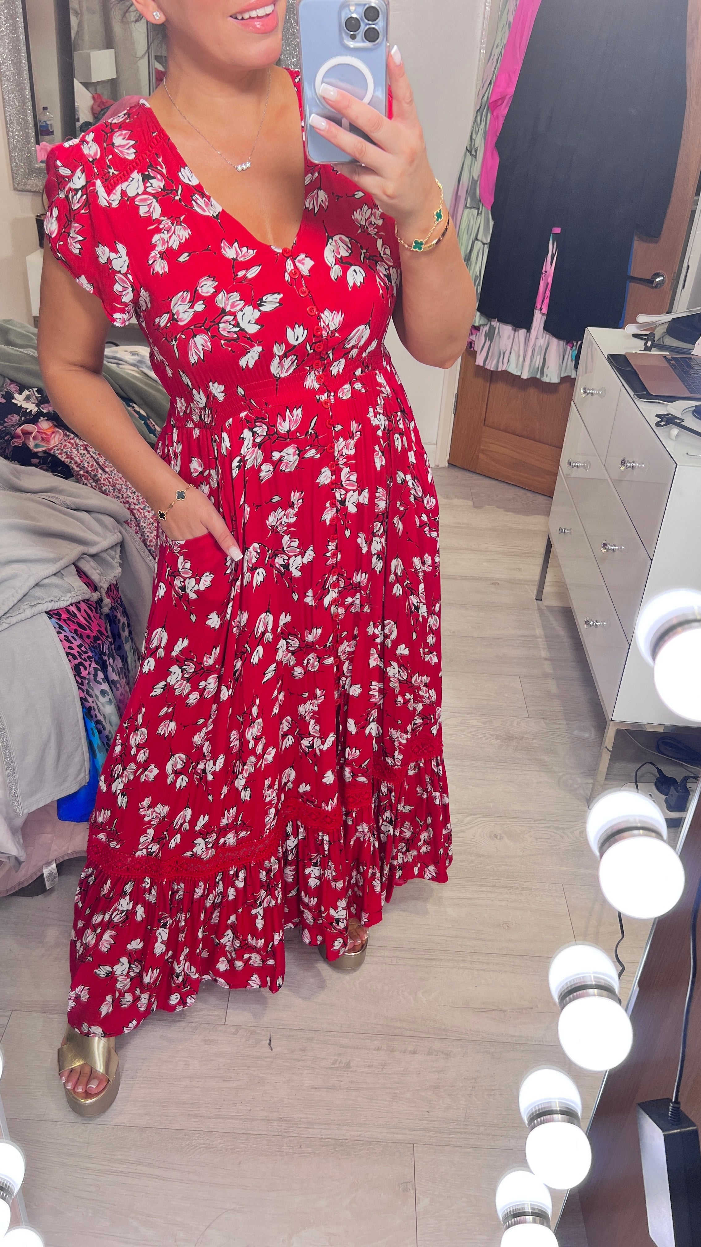 Sinora Red Floral Print Frill Hem Maxi Dress