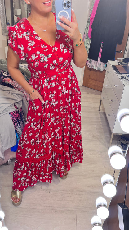 Sinora Red Floral Print Frill Hem Maxi Dress