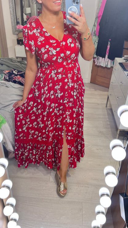 Sinora Red Floral Print Frill Hem Maxi Dress