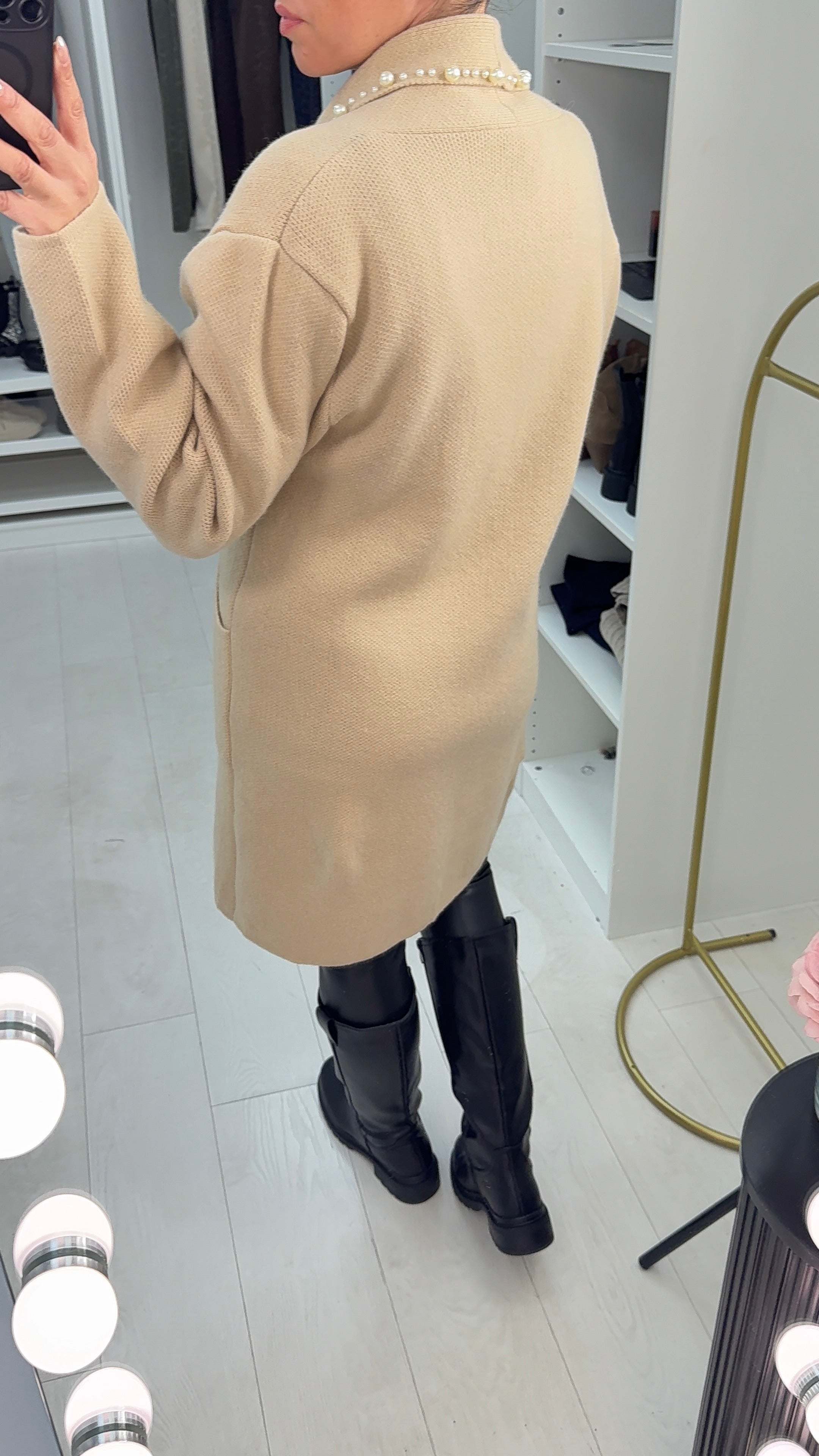 Ebbie Plain Pearl Trim Longline Cardigan