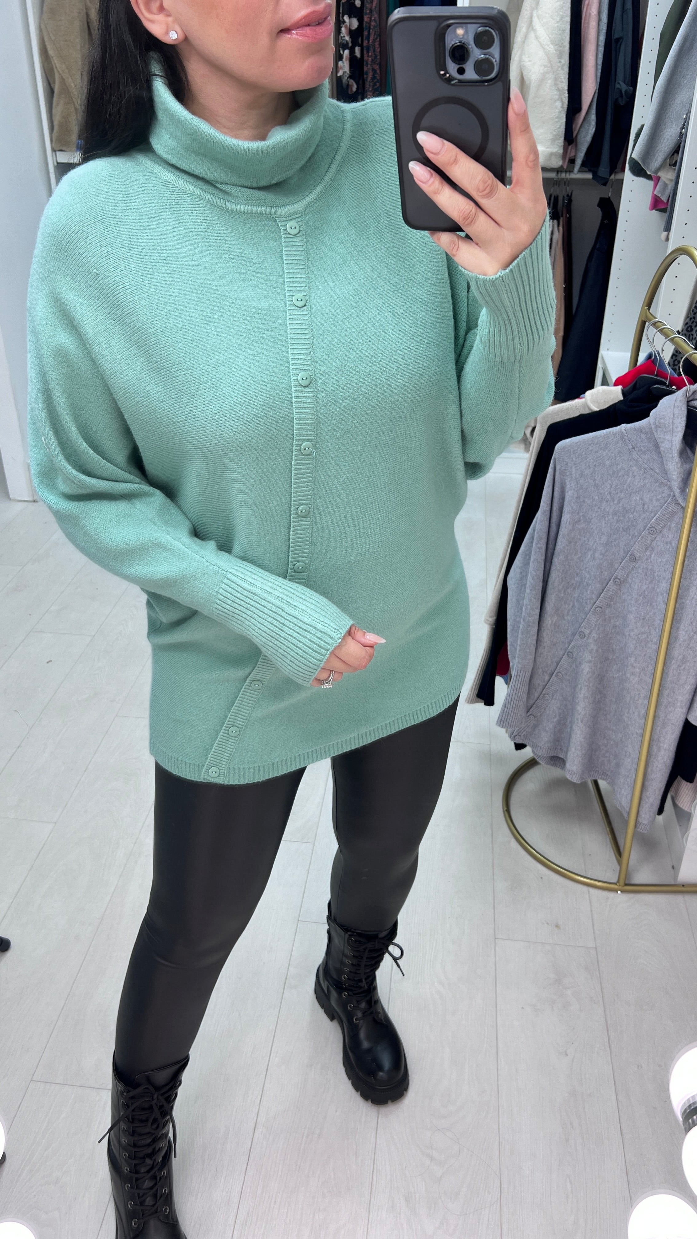 Selda Asymmetric Button Detailed Roll Neck Knit Jumper