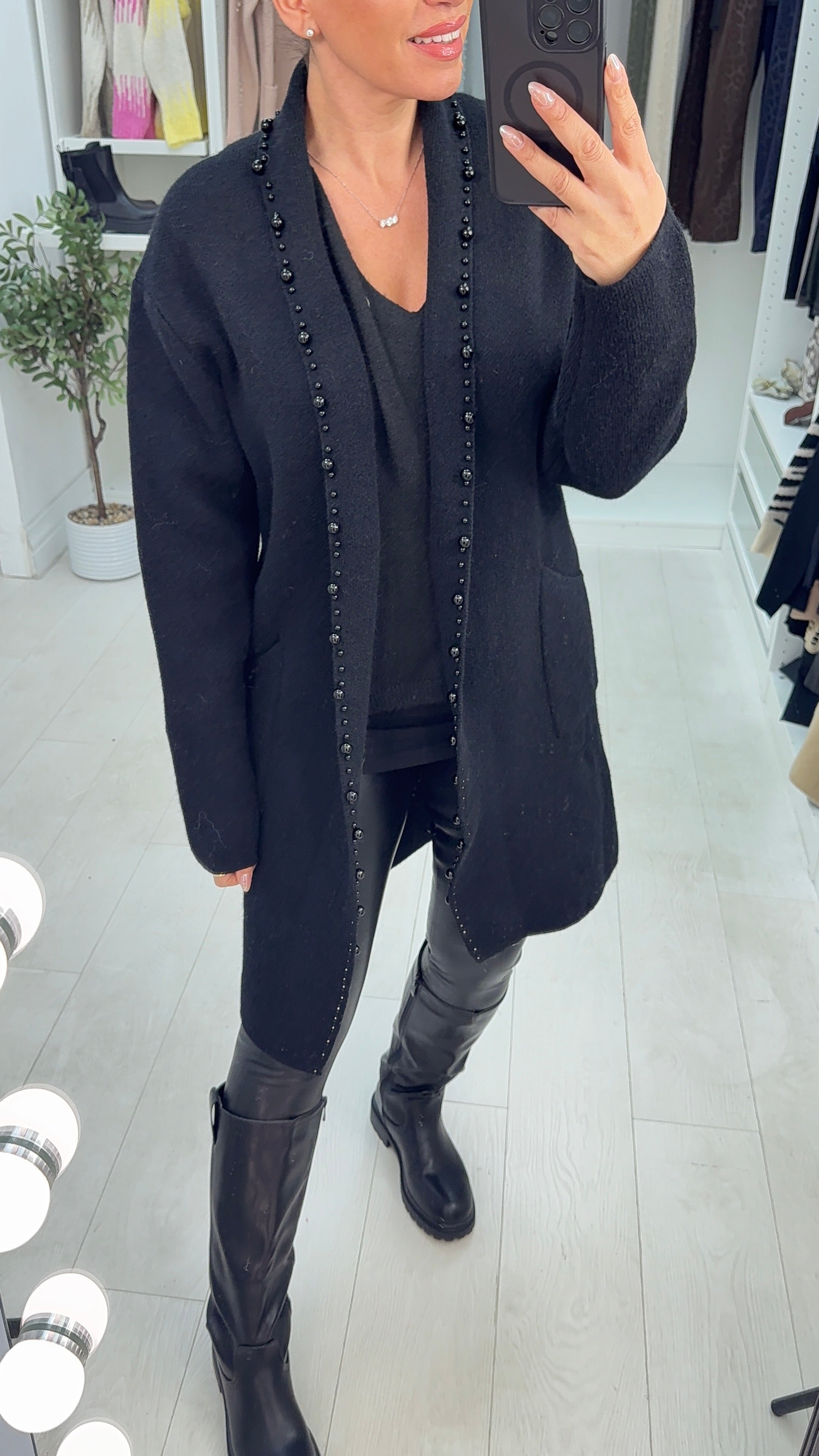 Ebbie Plain Pearl Trim Longline Cardigan