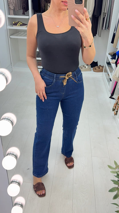 Telma Dark Denim Elasticated Waist Straight Leg Jeans