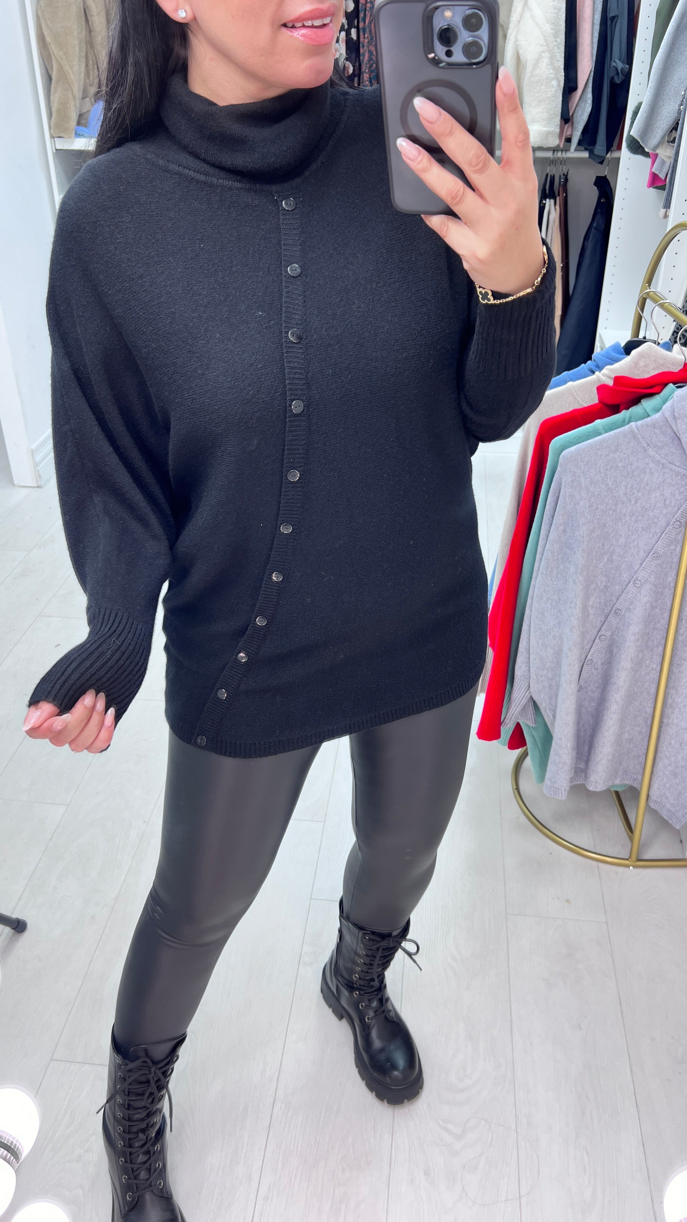 Selda Asymmetric Button Detailed Roll Neck Knit Jumper