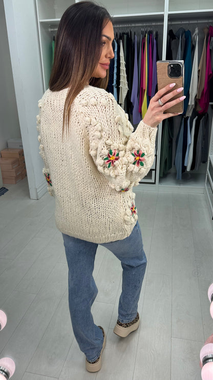 Natalie Chunky Floral Detailed Knit Cardigan
