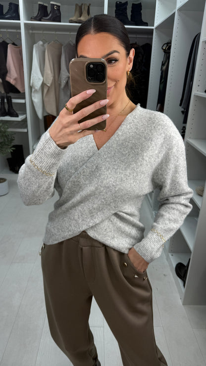 Astra Plain Embellished Sleeve Wrap Front Jumper