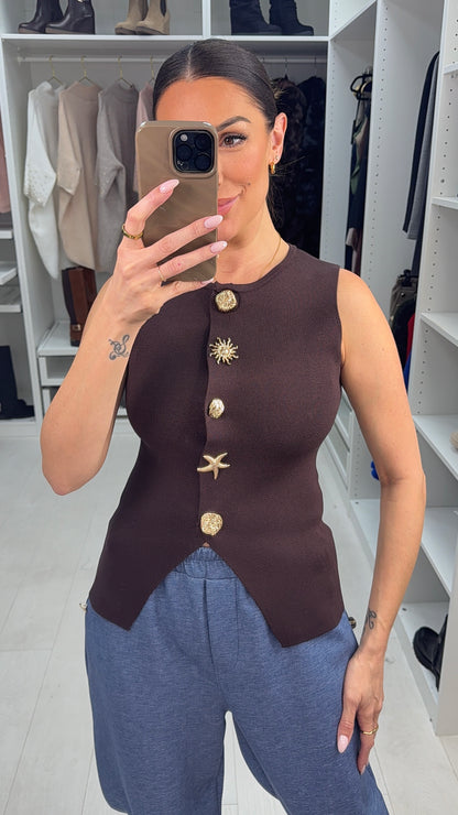 Natasha Embellished Button Sleeveless Knit Top