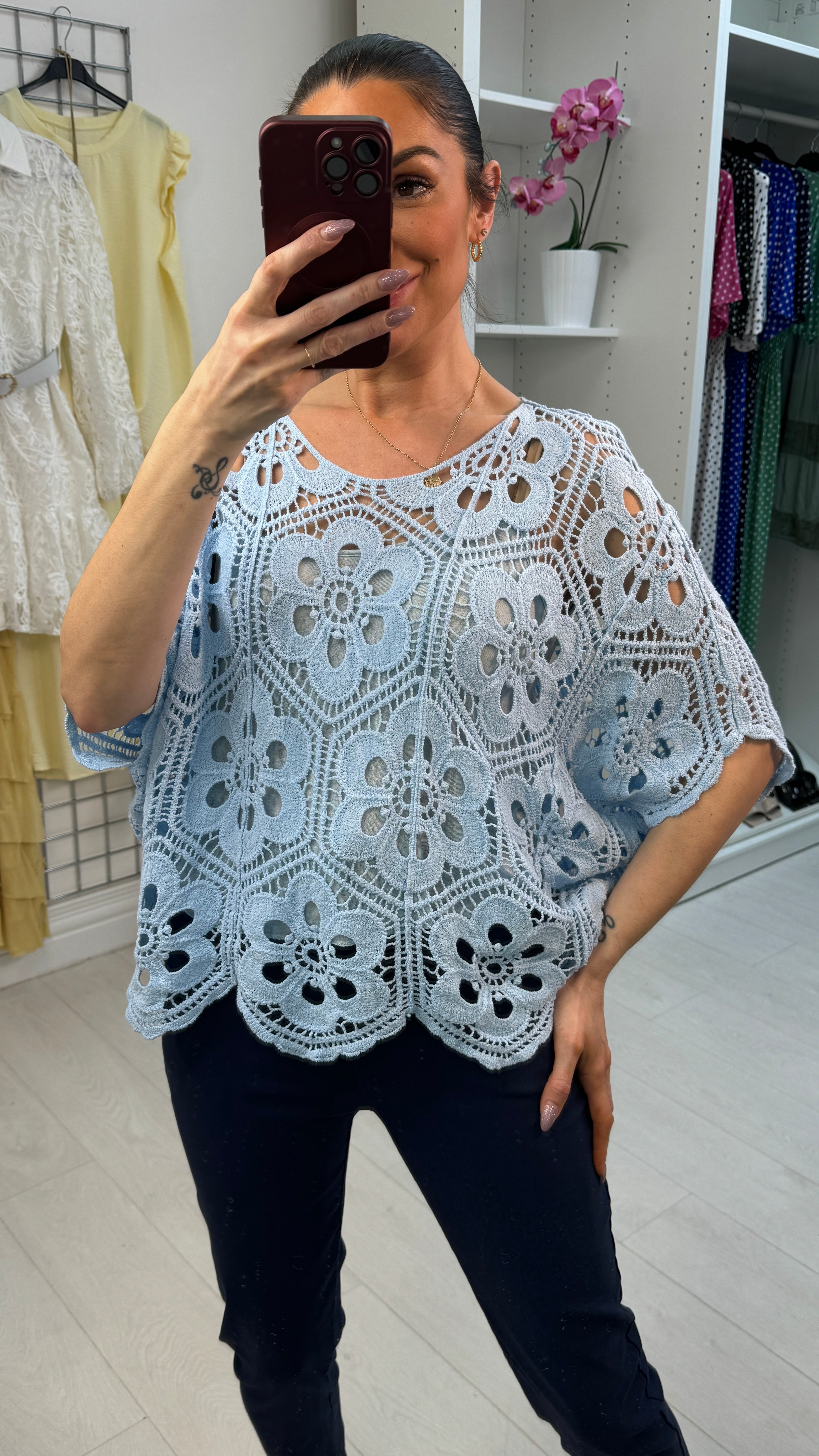 Calima Floral Crochet Batwing Top